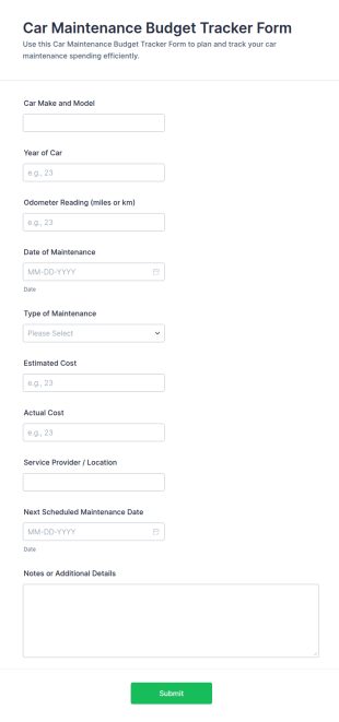 Car Maintenance Budget Tracker Form Template