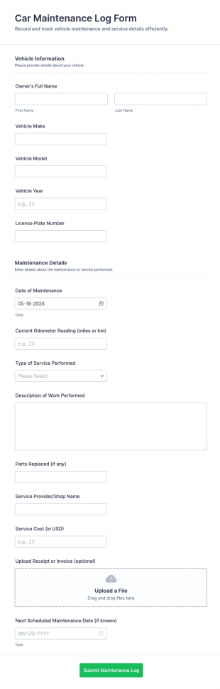 Car Maintenance Log Form Template