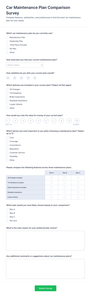 Car Maintenance Plan Comparison Survey Form Template