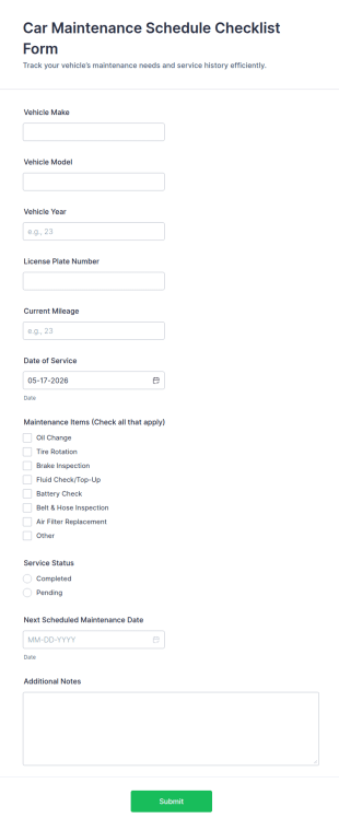 Car Maintenance Schedule Checklist Form Template