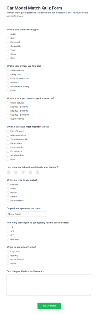 Car Model Match Quiz Form Template