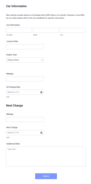 Car Oil Change Record Form Template