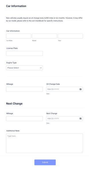 Car Oil Change Record Form Template