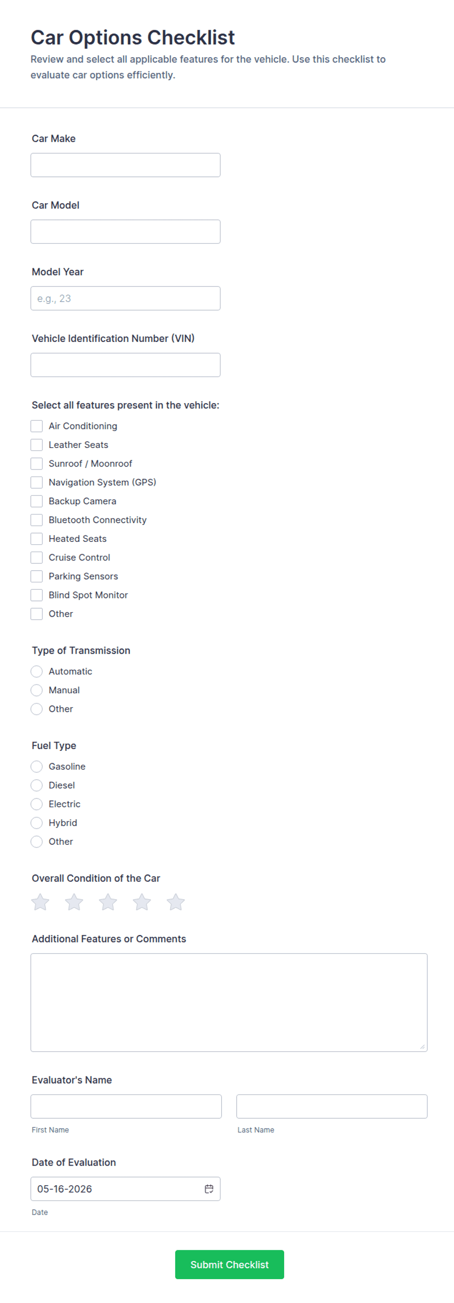 Car Options Checklist Form Template | Jotform