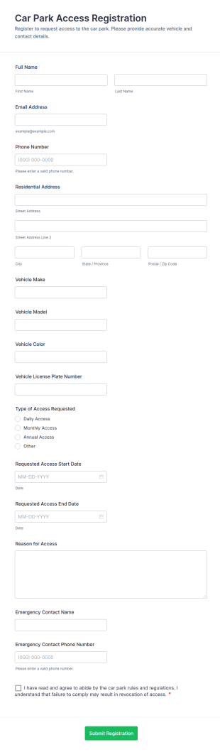 Car Park Access Registration Form Template