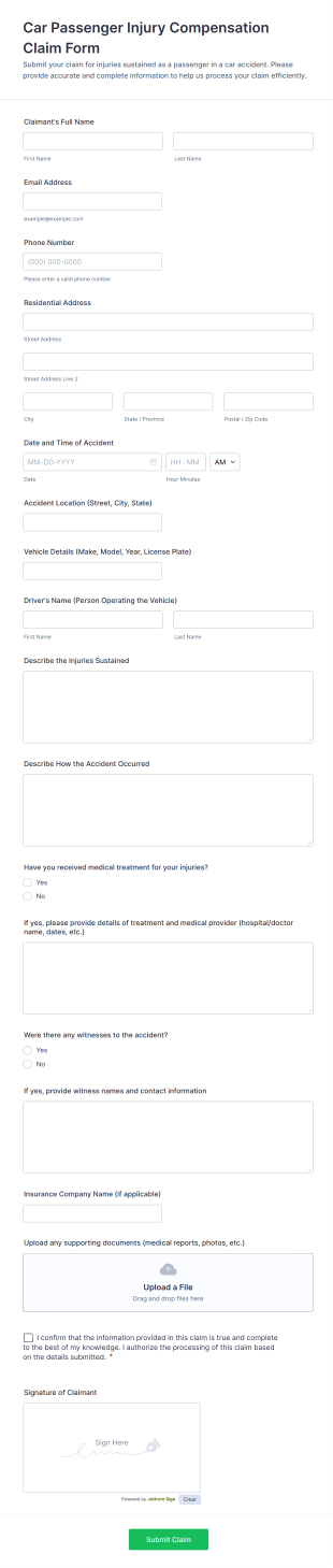 Car Passenger Injury Compensation Claim Form Template