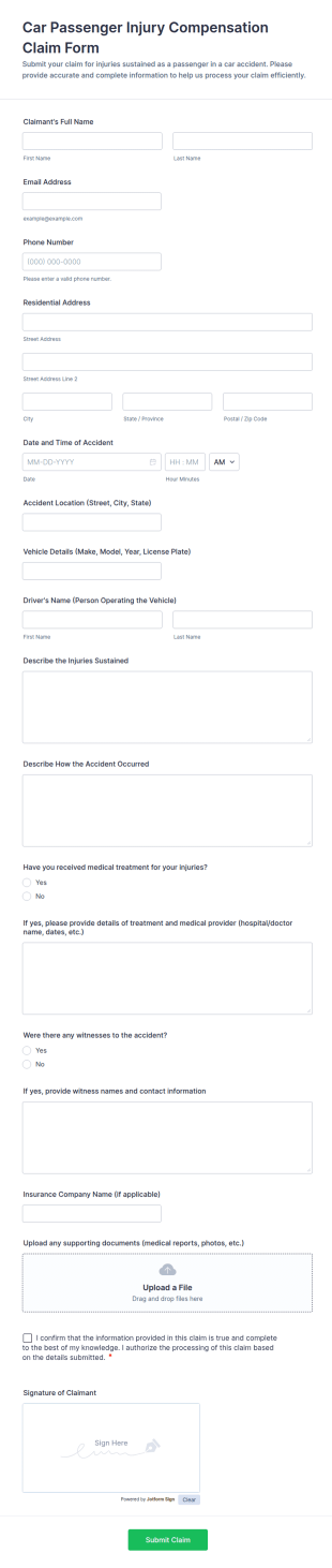 Car Passenger Injury Compensation Claim Form Template