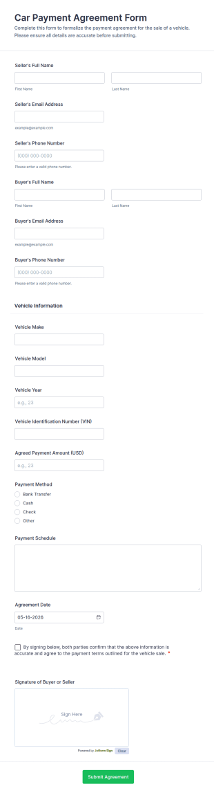 Car Payment Agreement Form Template