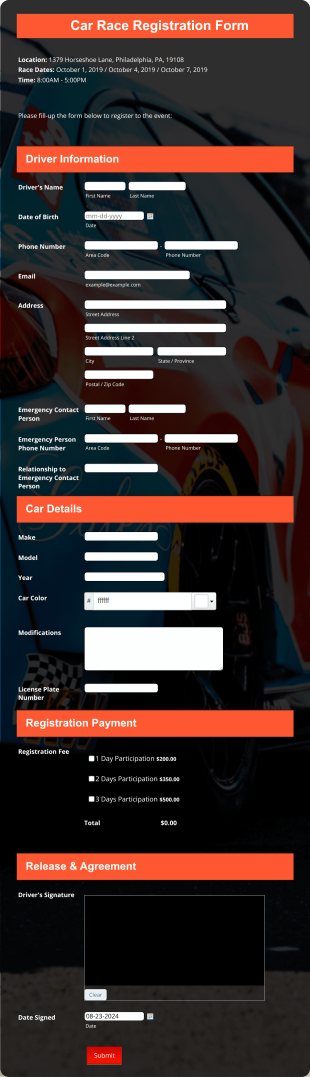 Car Race Registration Form Template