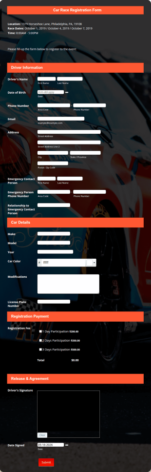 Car Race Registration Form Template