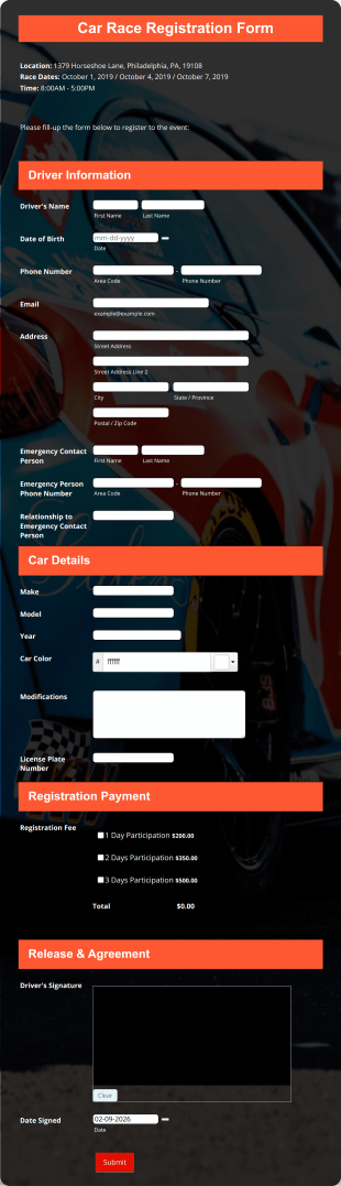Car Race Registration Form Template