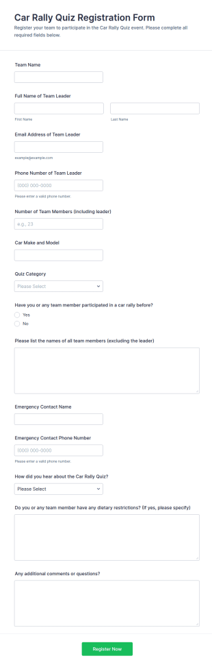 Car Rally Quiz Registration Form Template
