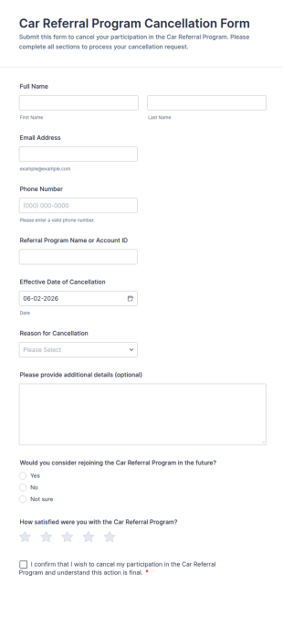 Car Referral Program Cancellation Form Template