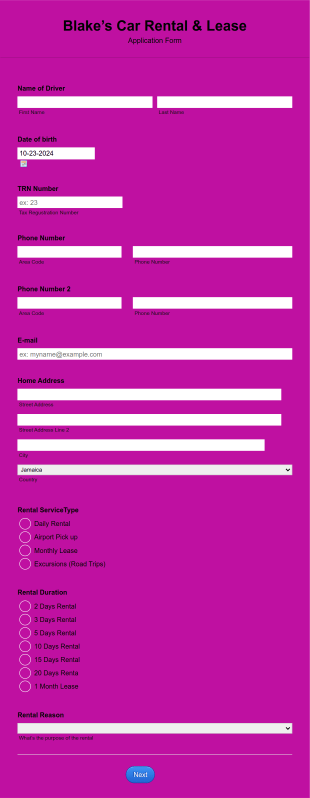 Car Rental & Lease Application Form Template