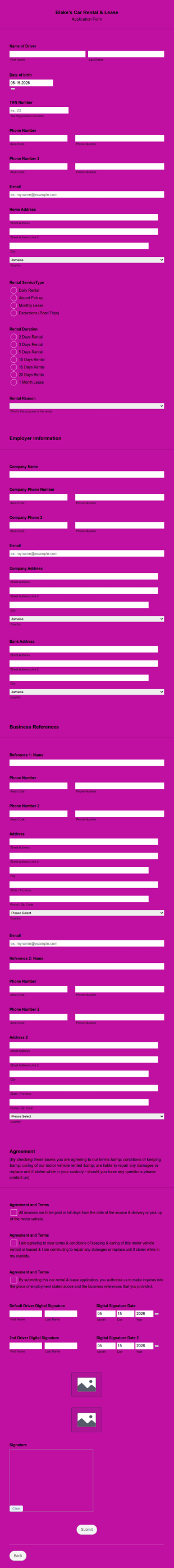 Car Rental & Lease Application Form Template