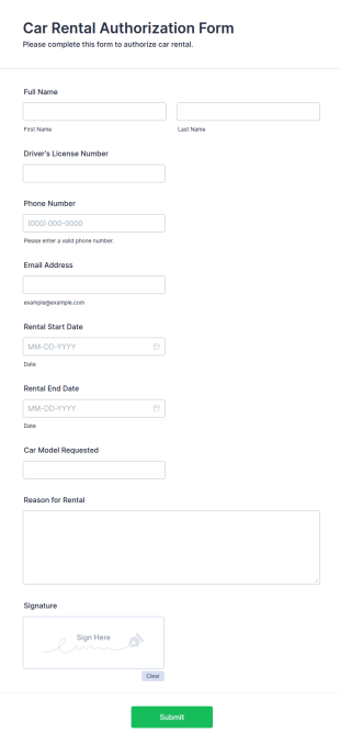 Car Rental Authorization Form Template