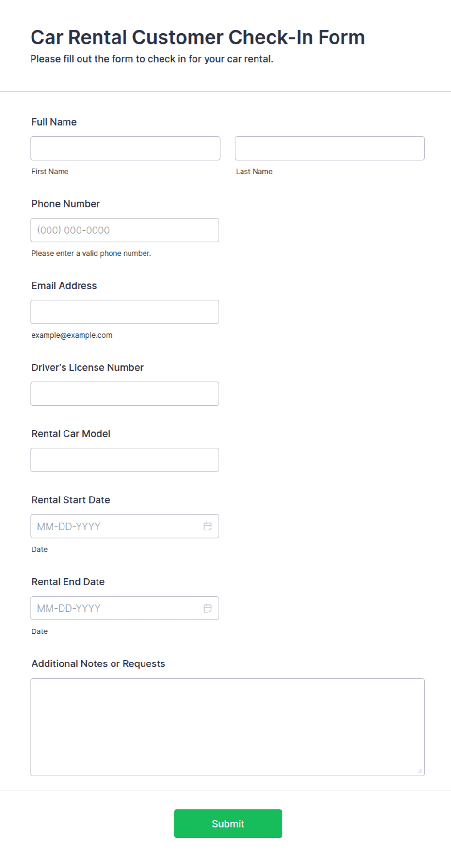 Car Rental Customer Check-In Form Template | Jotform