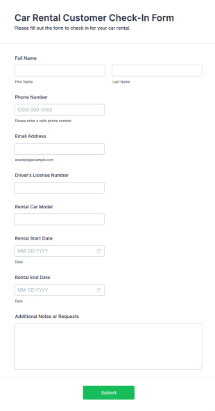 Car Rental Customer Check In Form Template