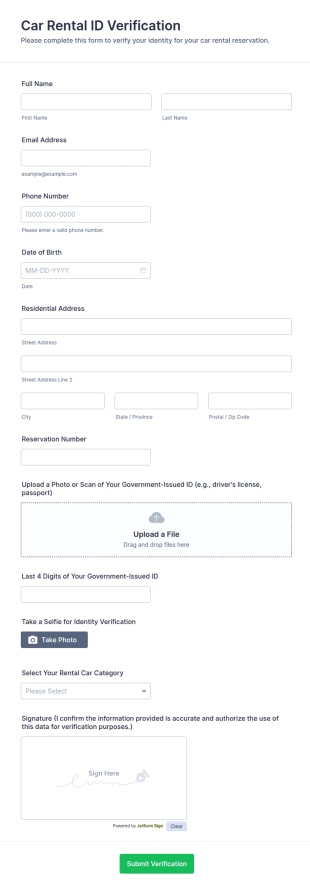 Car Rental ID Verification Form Template