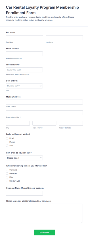 Car Rental Loyalty Program Membership Enrollment Form Template