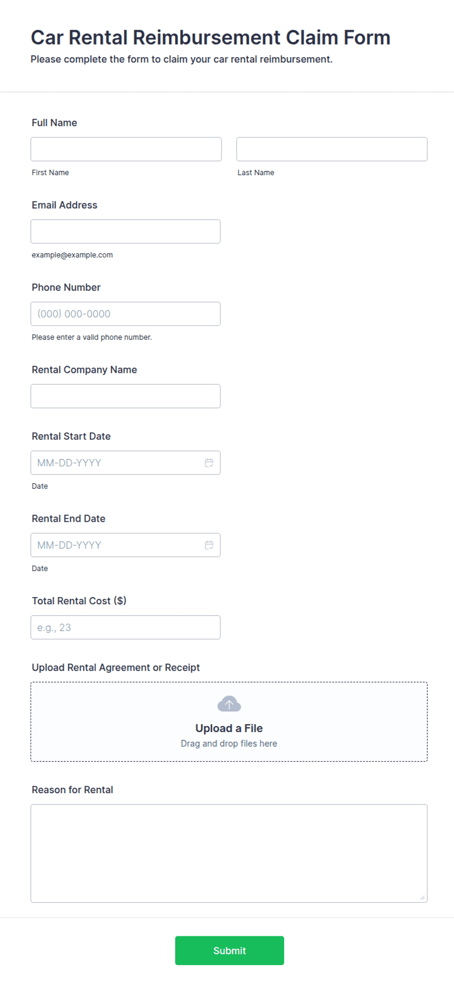 Car Rental Reimbursement Claim Form Template | Jotform