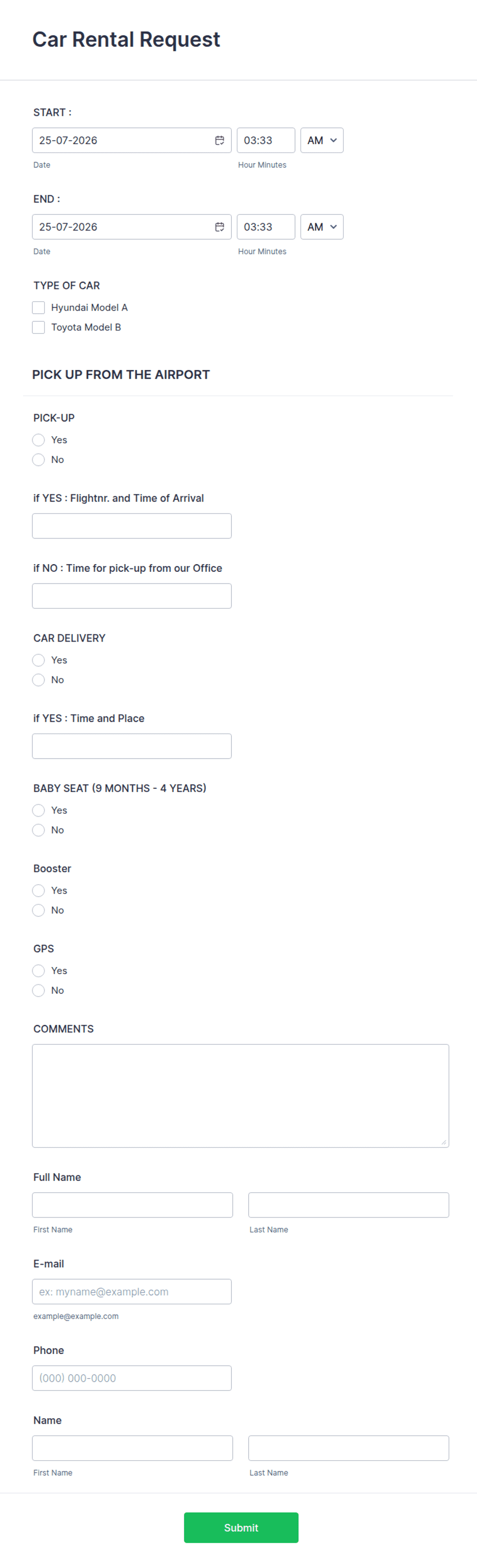 Example Car Rental Register Form Car Rental Request Form Template | Jotform