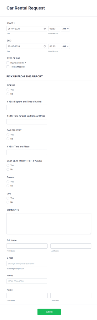 Car Rental Request Form Template