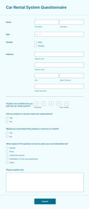 Car Rental System Questionnaire Form Template