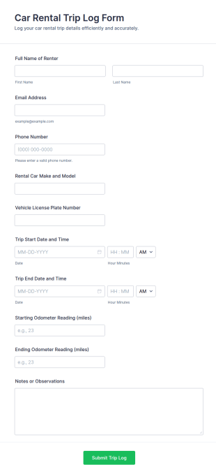 Car Rental Trip Log Form Template