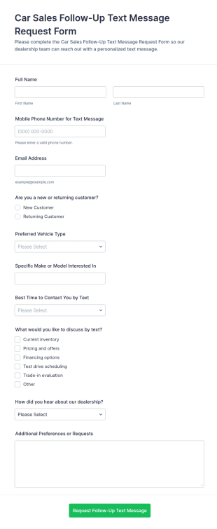 Car Sales Follow Up Text Message Request Form Template