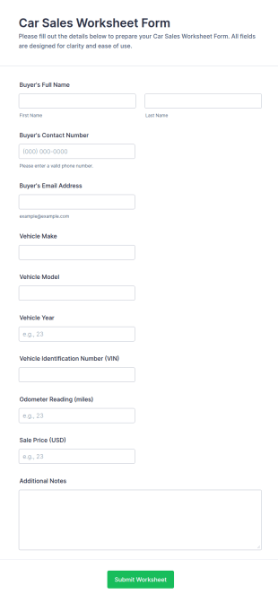 Car Sales Worksheet Form Template