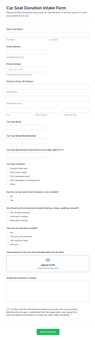 Car Seat Donation Intake Form Template