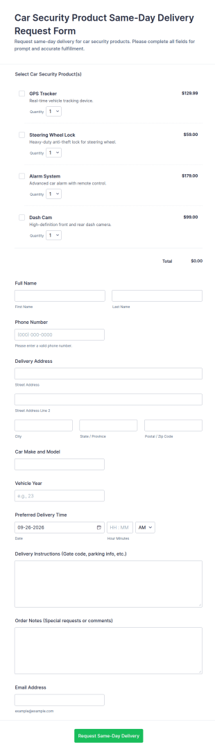 Car Security Product Same Day Delivery Request Form Template