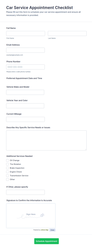 Car Service Appointment Checklist Form Template