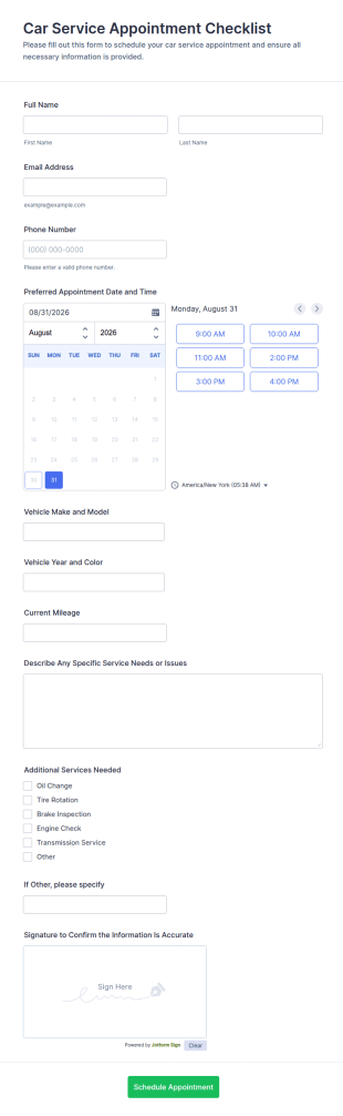 Car Service Appointment Checklist Form Template