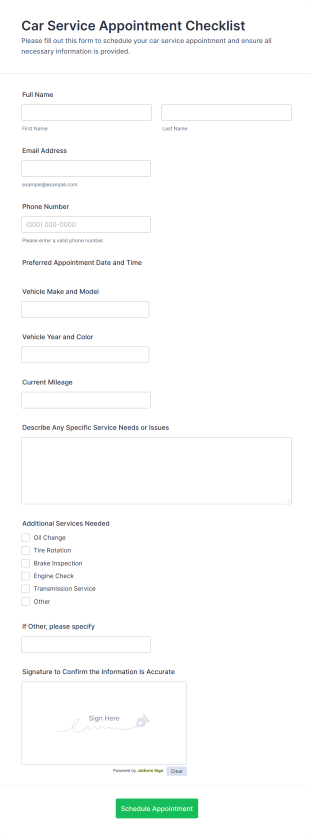 Car Service Appointment Checklist Form Template