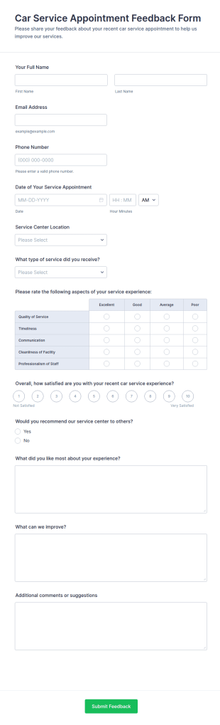 Car Service Appointment Feedback Form Template