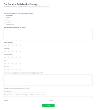 Car Service Satisfaction Survey Form Template