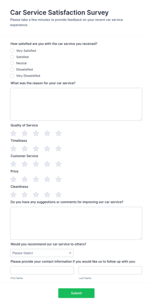 Car Service Satisfaction Survey Form Template
