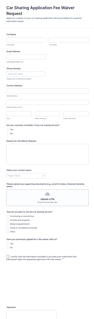 Car Sharing Application Fee Waiver Request Form Template