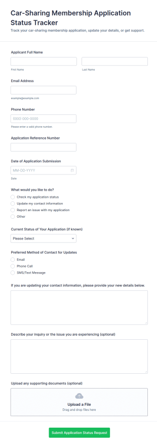 Car Sharing Membership Application Status Tracker Form Template