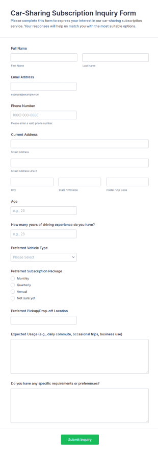 Car Sharing Subscription Inquiry Form Template