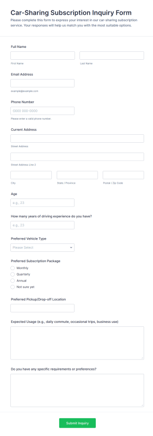 Car Sharing Subscription Inquiry Form Template
