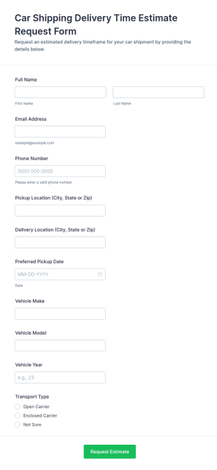 Car Shipping Delivery Time Estimate Request Form Template