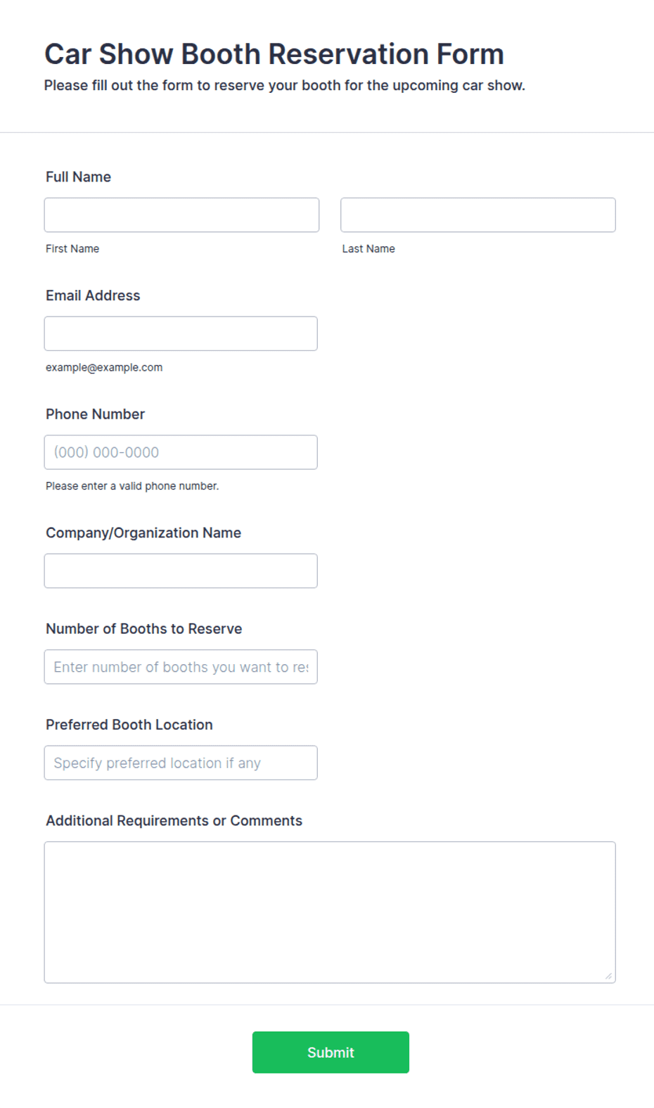 Car Show Booth Reservation Form Template | Jotform
