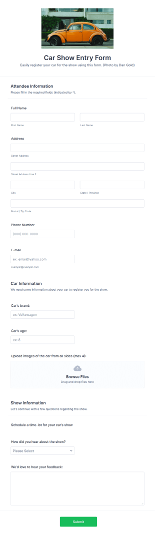 Car Show Entry Form Template