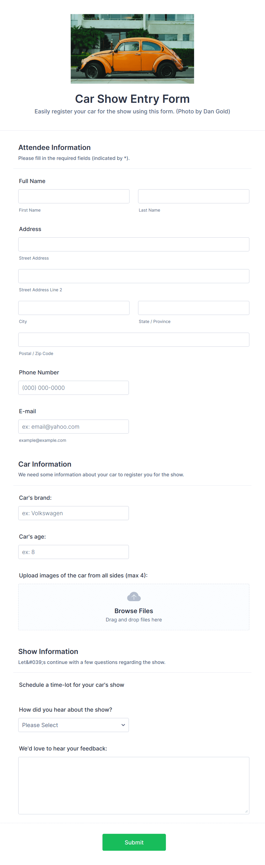Car Show Entry Form Template | Jotform