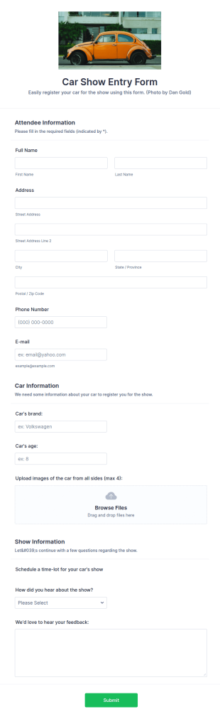 Car Show Entry Form Template