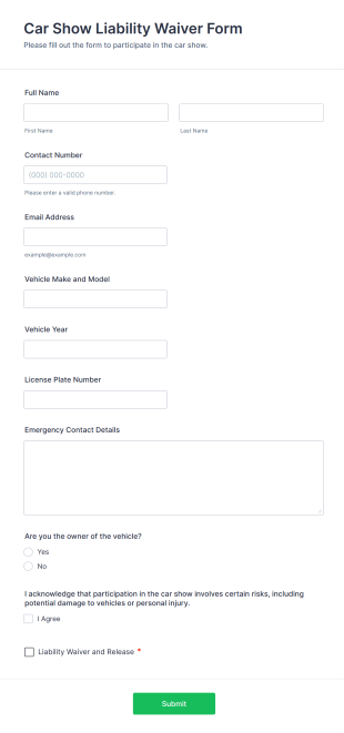 Car Show Liability Waiver Form Template