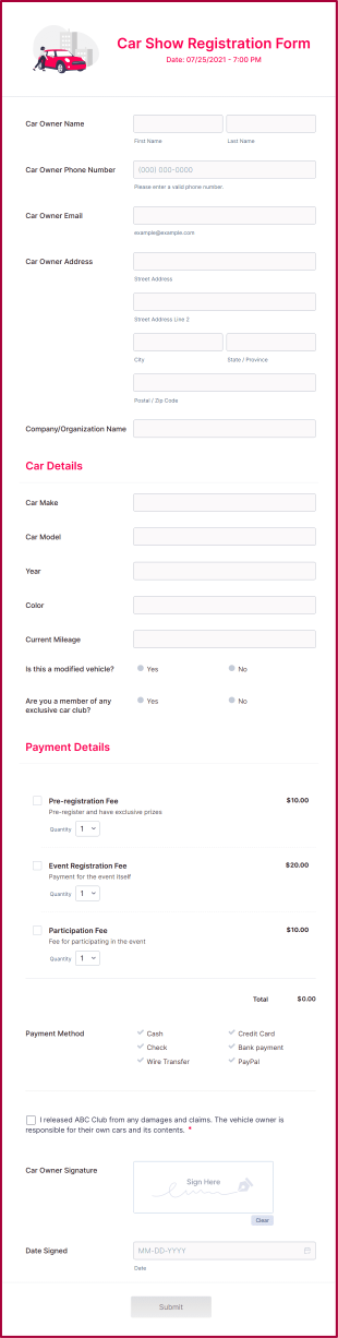 Car Show Registration Form Template